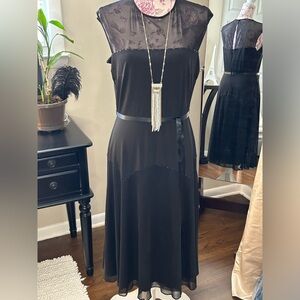 London Times Black Sheer Yoke Midi Dress
